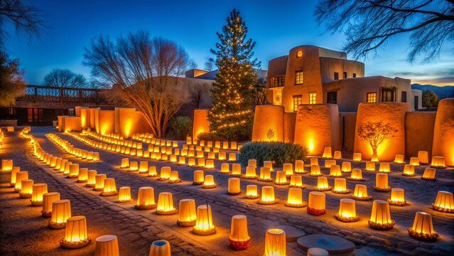 Vibrant festive Christmas Eve luminarias line historic adobe buildings in Santa Fe, New Mexico, filling the night with warm golden light and joyful atmosphere, with copyspace.