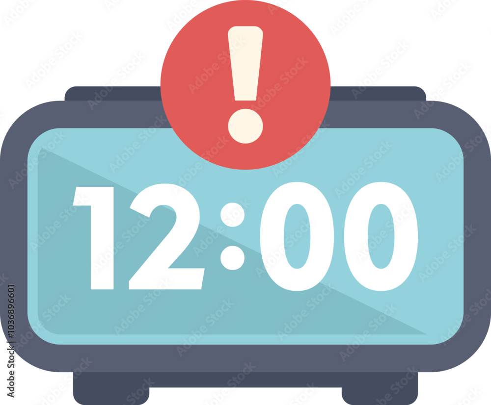 Poster digital alarm clock is showing twelve o'clock with a notification alert