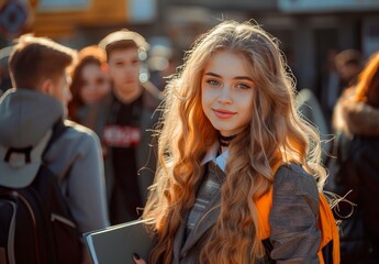 Obraz premium Joyful Girl in School Uniform Holding Books with Friends in Background
