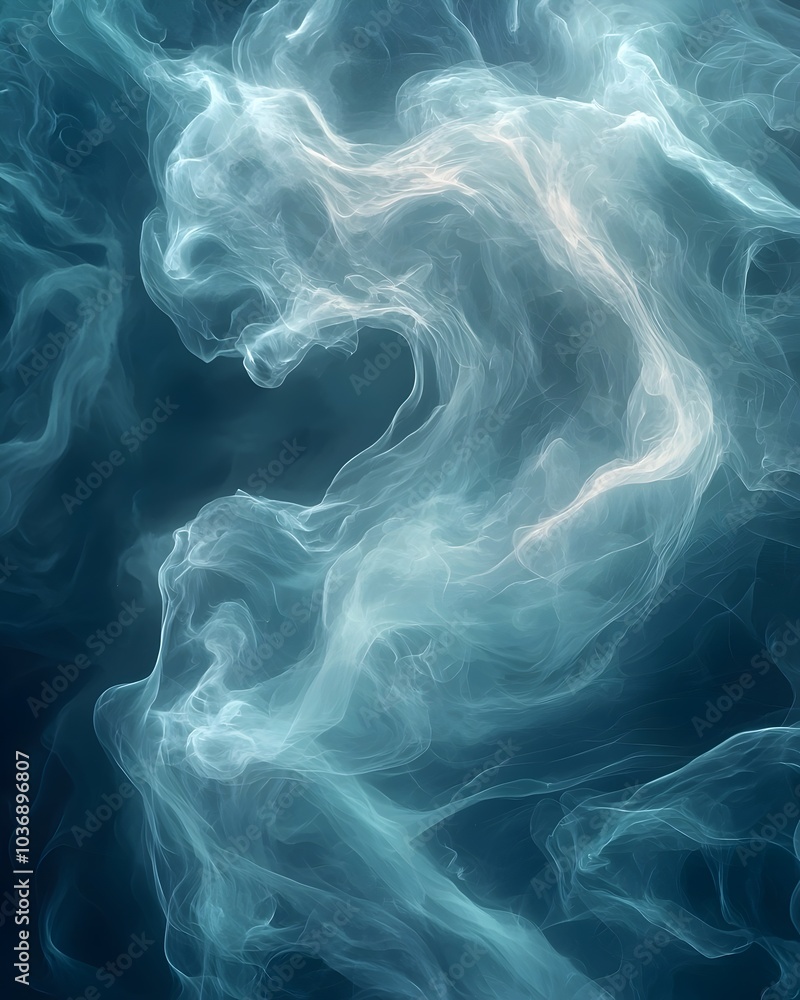 Poster a captivating abstract swirl of ethereal smoke in soft blues and whites, creating a mystical and ser