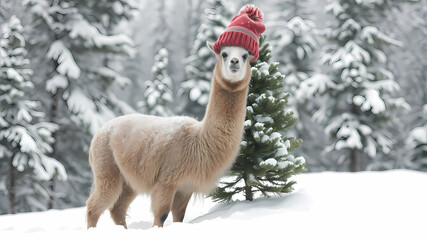 Fototapeta premium a funny llama stands in the snow next to her there is a fir tree with a hat on top