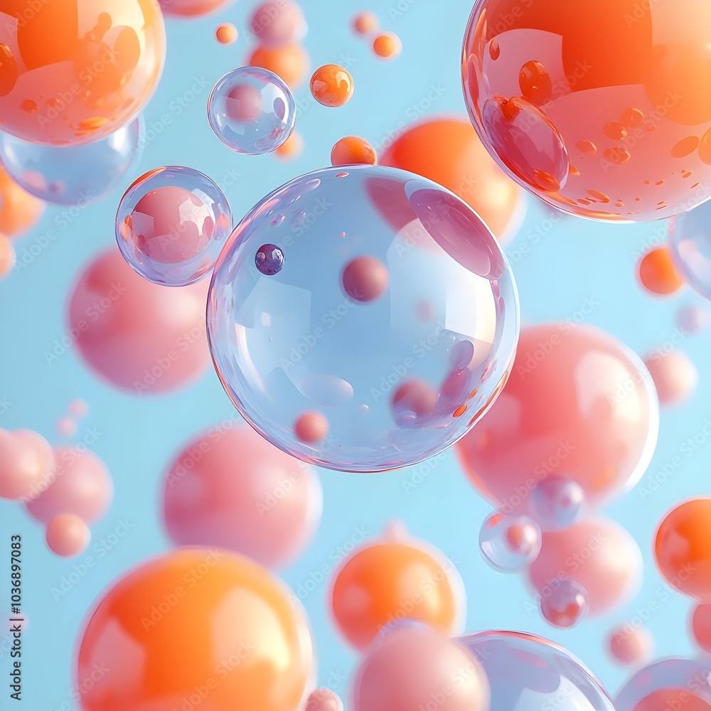 Poster a vibrant array of translucent bubbles in shades of orange and pink floating against a soft blue bac