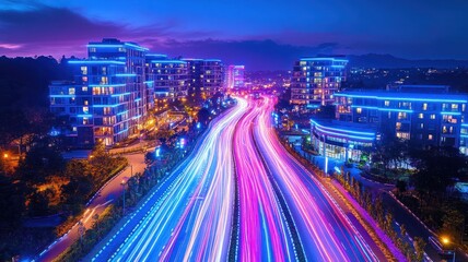 Fototapeta premium Vibrant cityscape with light trails at dusk.