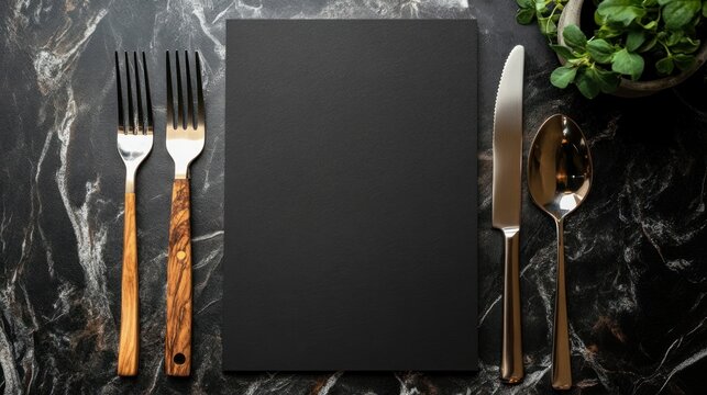 A minimalist dining setup featuring utensils and a blank menu on a marble table.