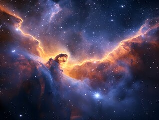 Obraz premium A stunning cosmic nebula illuminated by vibrant orange and blue hues, showcasing the beauty of space with countless twinkling stars in a majestic universe.