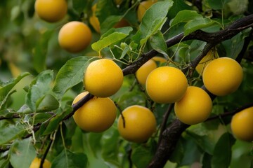 Juicy yellow plums nestled among lush green leaves in a vibrant orchard under bright sunlight