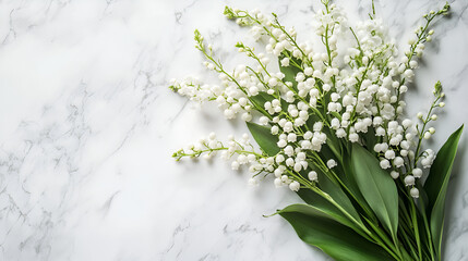 Cluster of Lily of the Valley flowers with vibrant green leaves on a light gray background,Summer spring bouquet with white forest lilies of valley