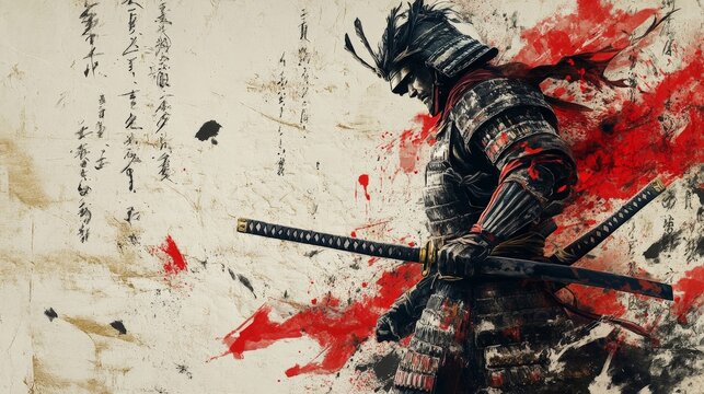 A powerful samurai warrior in full traditional armor, standing ready with a katana sword, dynamic ink splashes swirling around him