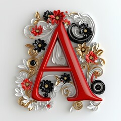 Elegant 3D Floral Letter A Design in Red and Gold
