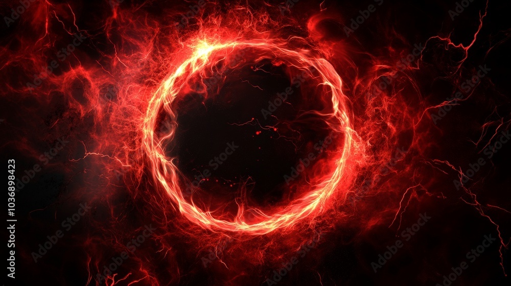 Poster a radiant red circular plasma effect, with swirling lightning arcs and floating particles, creating 