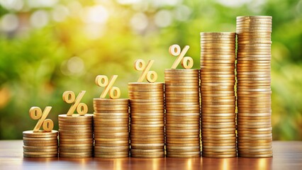 Stacks of coins with percentage symbol on top, surrounded by subtle background, illustrating concept of interest rates, value appreciation, and wealth growth over time.