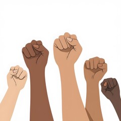 Raised Fists in Unity with Diverse Skin Tones Isolated on White Background