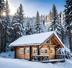 Wooden chalet in sunny winter forest with snow cover. Country house made of wood in natural area covered with fresh snow. Idea for Christmas holidays.