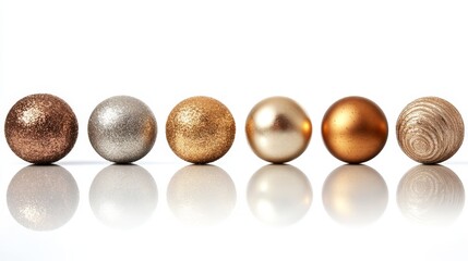 A row of golden baubles with different textures--some glittery, some smooth--isolated on a clean white background, casting soft reflections beneath them.