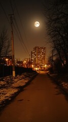 A serene nighttime stroll along a quiet path under a bright full moon in an urban area