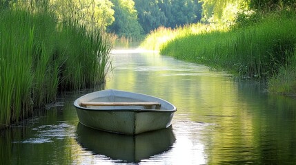 Obraz premium A rowboat floating gently on a serene river, with tall grasses on either side and the soft sound of water flowing.