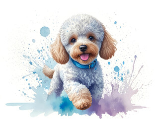 Watercolor Illustration of a Playful Poodle Puppy with Blue Splash Background