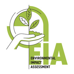 EIA - Environmental Impact Assessment. Hand holding plant, thin line, green color