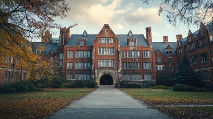 Obraz premium A historic brick building surrounded by autumn foliage and a pathway.