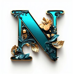 Elegant 3D Letter N with Floral Accents in Teal and Gold