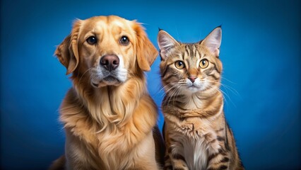 Obraz premium Adorable golden retriever dog and tabby cat sit side by side, gazing directly at the camera, showcasing their unique friendship on a studio blue background.