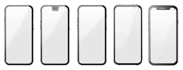 Set of blank smartphone screens, mockups with black frames and white backgrounds