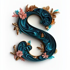 Elegant 3D Letter S with Floral Accents in Teal and Gold