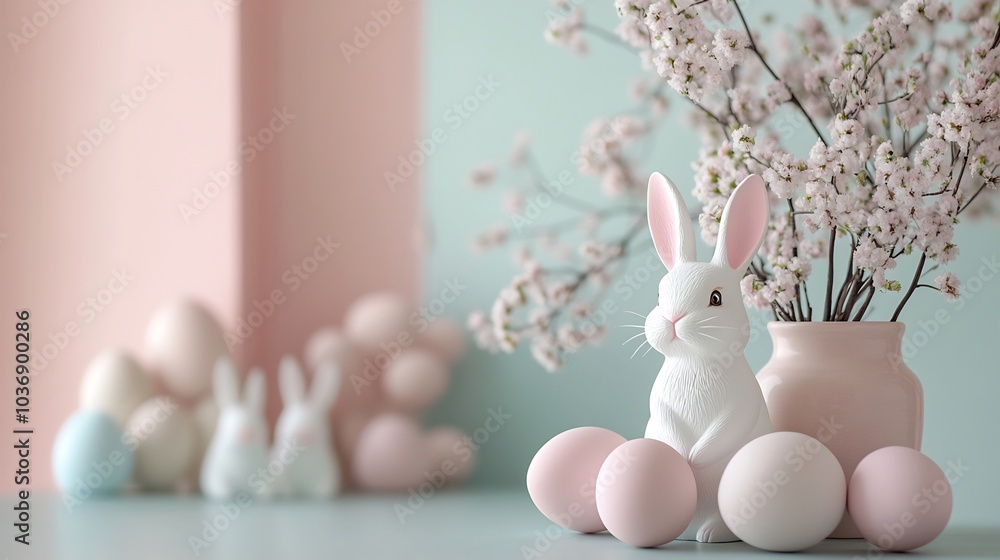 Poster minimalistic easter decoration pastelcolored eggs and bunny figurines arranged neatly on a soft neut