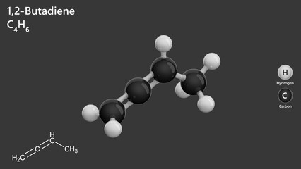 Molecule of 1,2-Butadiene (C4H6) is a colorless gas. It is used in the production of synthetic rubber and as an intermediate in organic synthesis. Gray background. 3d illustration