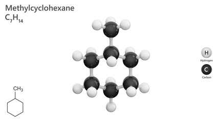Molecule of Methylcyclohexane (C7H14) is a colorless, flammable liquid. It is used as a solvent and in the production of toluene. White background. 3d illustration