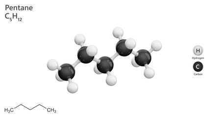 Molecule of Pentane (C5H12) is a colorless, flammable liquid alkane with a straight-chain structure. It is used as a solvent, in the production of gasoline. White background. 3d illustration