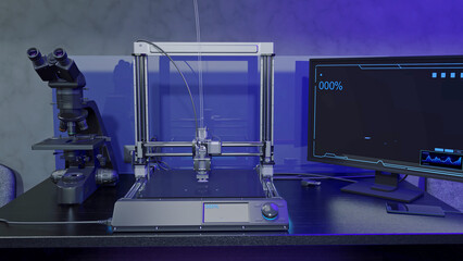 Initial Setup and Calibration 3D printer. Conduct Test Prints. 3D illustration