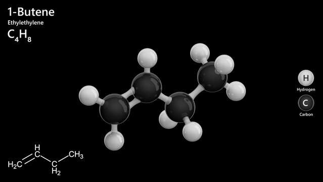 Molecule of 1-Butene (C4H8) is a colorless, flammable gas. It is used as a building block in the production of polyethylene and synthetic rubber. Black background. 3d illustration