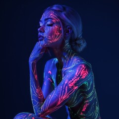 Naklejka premium Creative UV Light Portrait of Woman with Neon Body Paint in Dark Setting