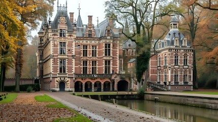 Naklejka premium A picturesque castle surrounded by autumn trees and a serene canal.