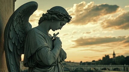 Fototapeta premium A side view of the Statue of the Angel with the Cross, framed by the ancient stones of the Ponte Sant'Angelo, with soft clouds in the sky and a warm, golden-hour light highlighting