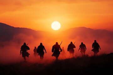 Fototapeta premium A Spartan training camp at dawn, with a muted color palette of earthy tones and fog, warriors sharpening their weapons as the first light of day breaks over the mountains