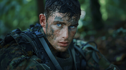 Obraz premium Intense soldier with blue eyes and camouflage gear in battlefield