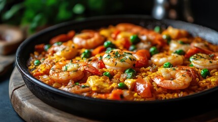 A vibrant and hearty seafood paella in a cast iron skillet, ready to be enjoyed.