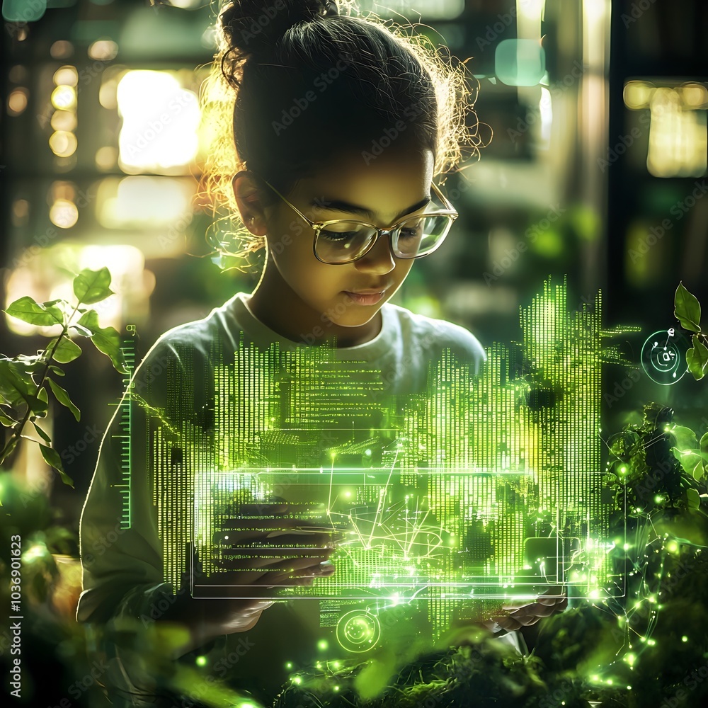 Poster young tech professional coding an eco friendly app symbolizing commitment to a sustainable digital f
