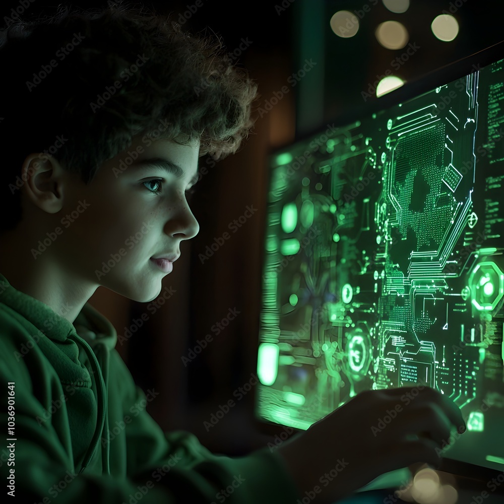Poster young coder developing eco friendly technology app for a sustainable future