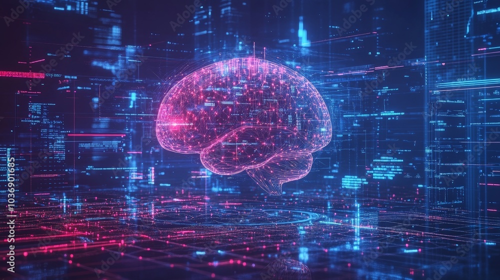Poster a sleek and futuristic concept of an artificial intelligence brain, surrounded by big data analytics