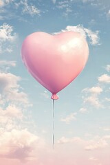 Fototapeta premium A pink heart-shaped balloon floats serenely against a bright sky dotted with fluffy white clouds, evoking feelings of love and joy