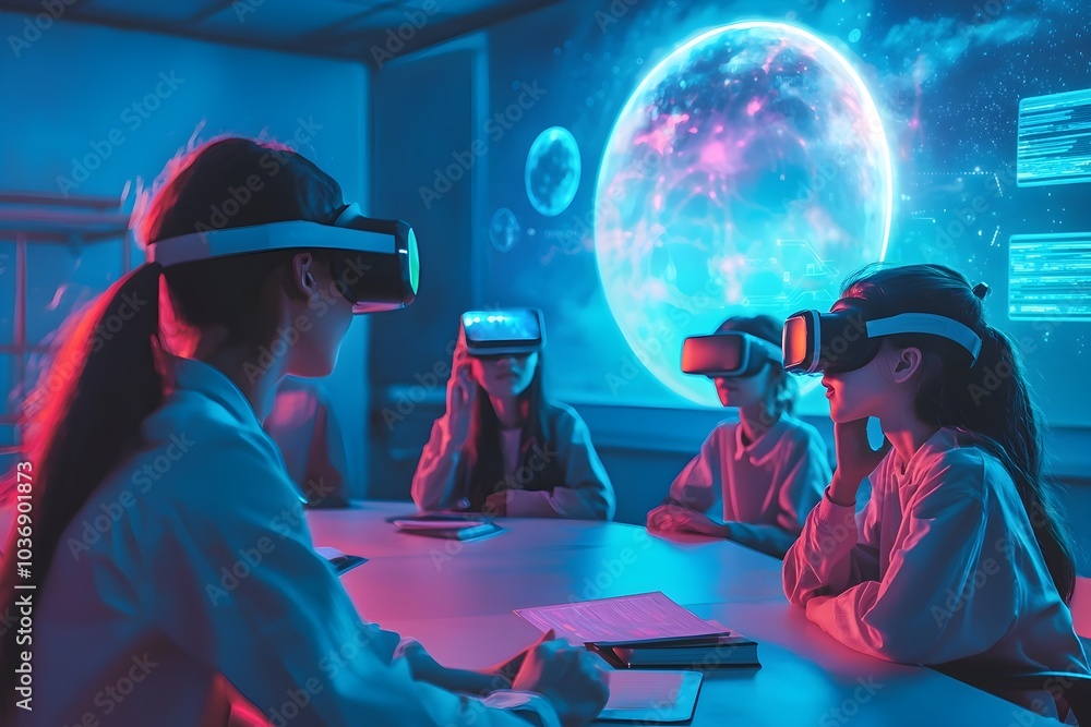 Poster futuristic classroom with students engaged in augmented reality learning