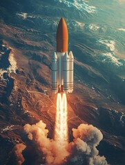 Fototapeta premium Reusable Rocket Launching from Spaceport Symbolizing Commitment to Sustainable Future Space Travel