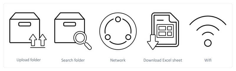 A set of 5 mix icons as upload folder, search folder, network