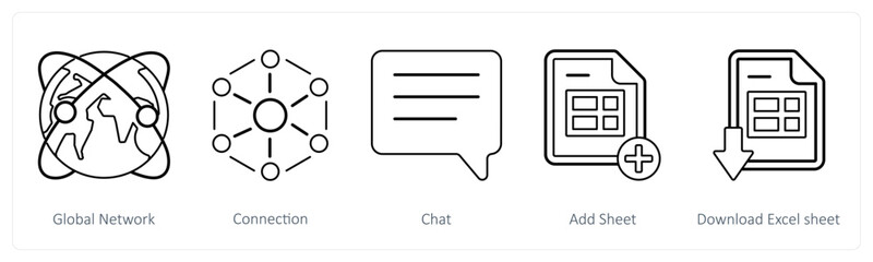 A set of 5 mix icons as global network, connection, chat