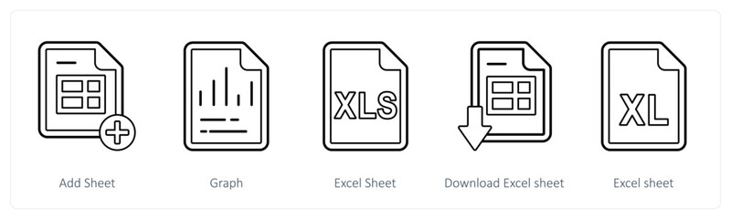 A set of 5 mix icons as add sheet, graph, excel sheet