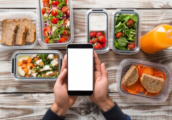 Person Holding iPhone Over Vibrant Lunch Boxes and Refreshing Juice.