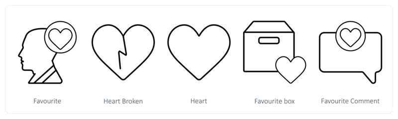 A set of 5 mix icons as favorite, heart broken, heart